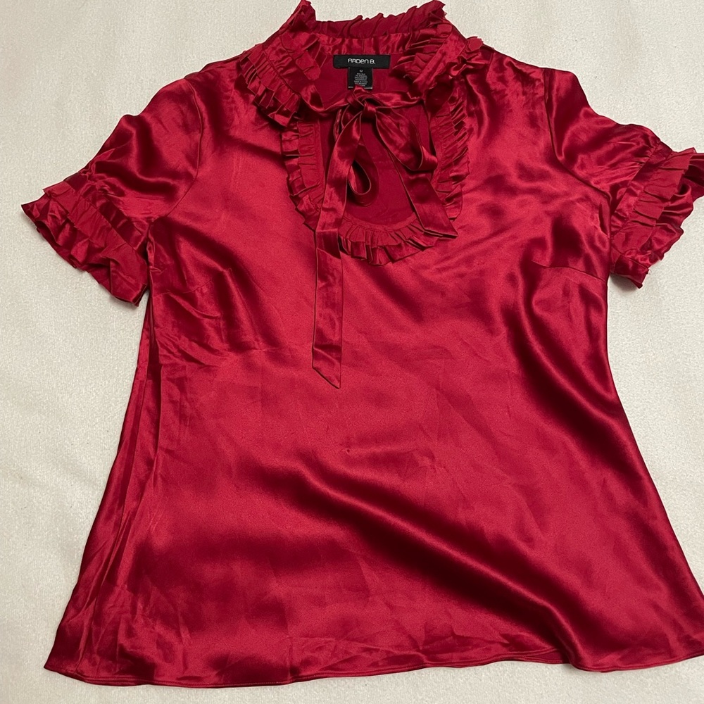 Arden B. soft satin-silk red velvet blouse with ruffles (size medium)